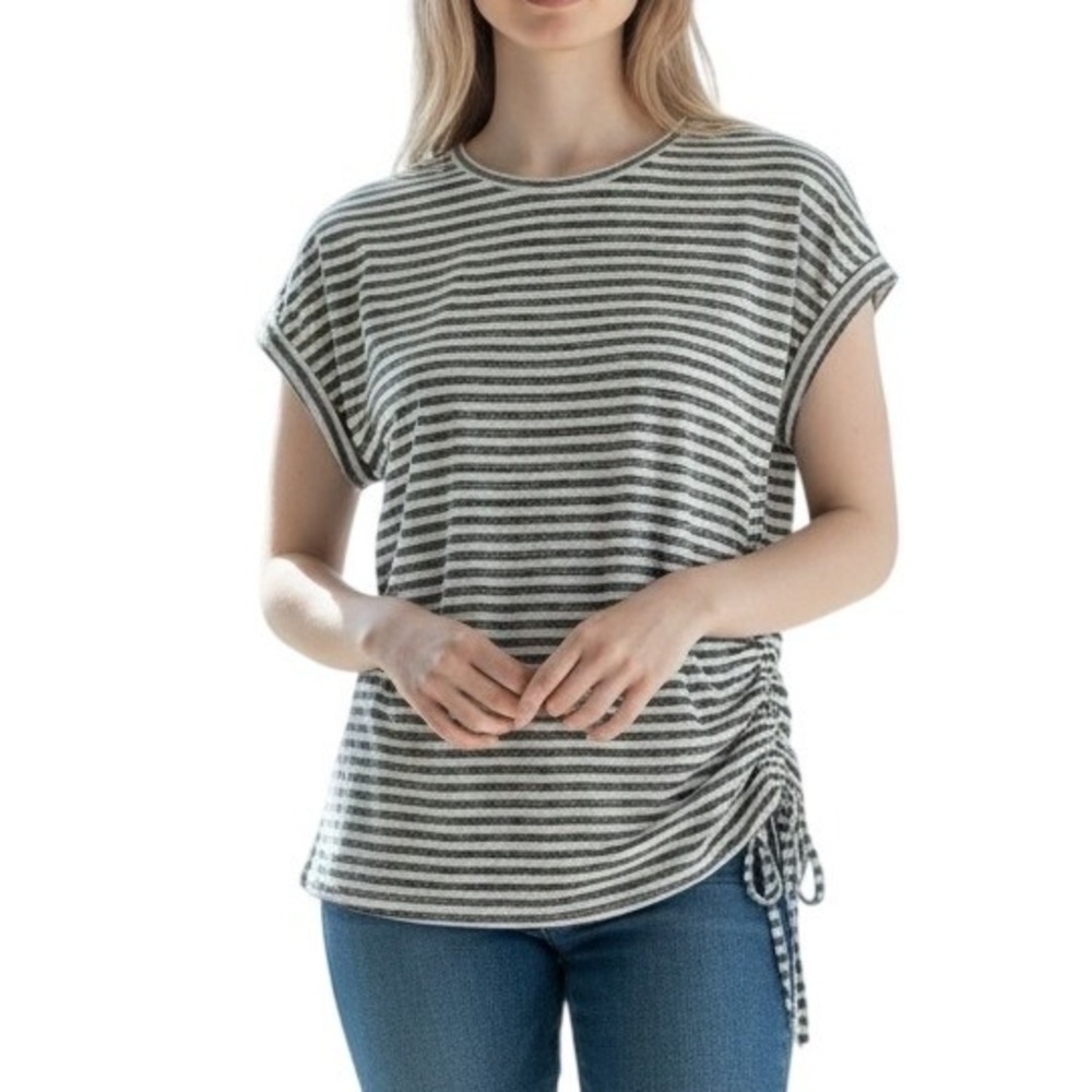 Loramendi Striped Knit Top Womens Small Gray White Side Ruched Cap Sleeve Indie